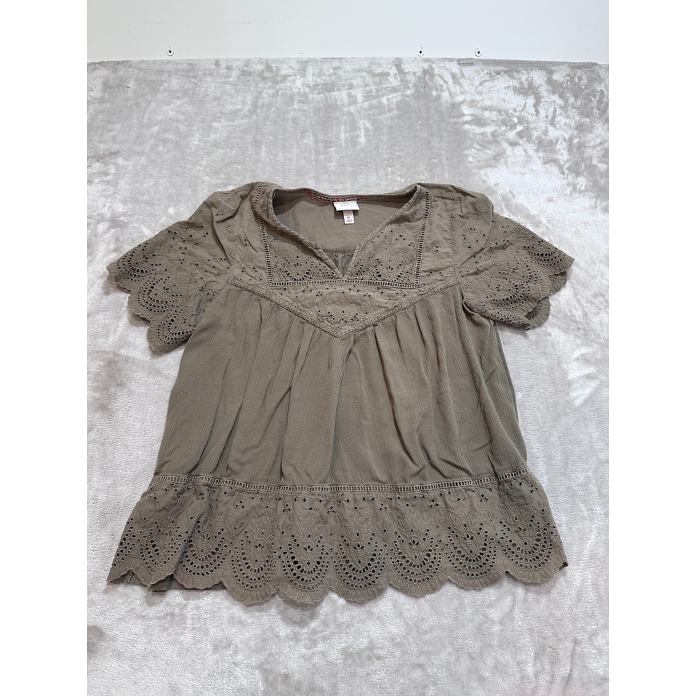 Knox Rose Blouse Womens Size XL Taupe Brown Eyelet Lace Scalloped Peasant Boho